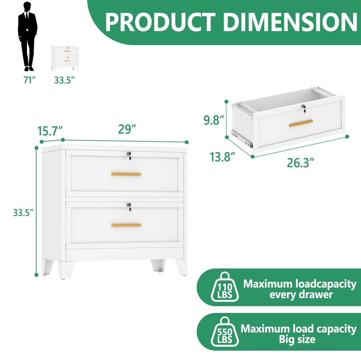 White 2 Drawer Metal Lateral File Cabinet with Lock E81081