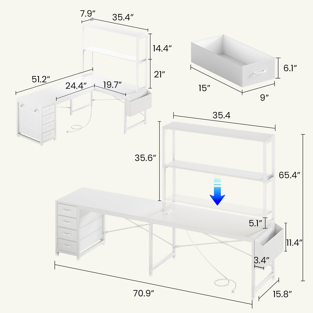 L Shaped Corner Desk with 4 Drawer, Power Outlet & LED Lights, White K879258