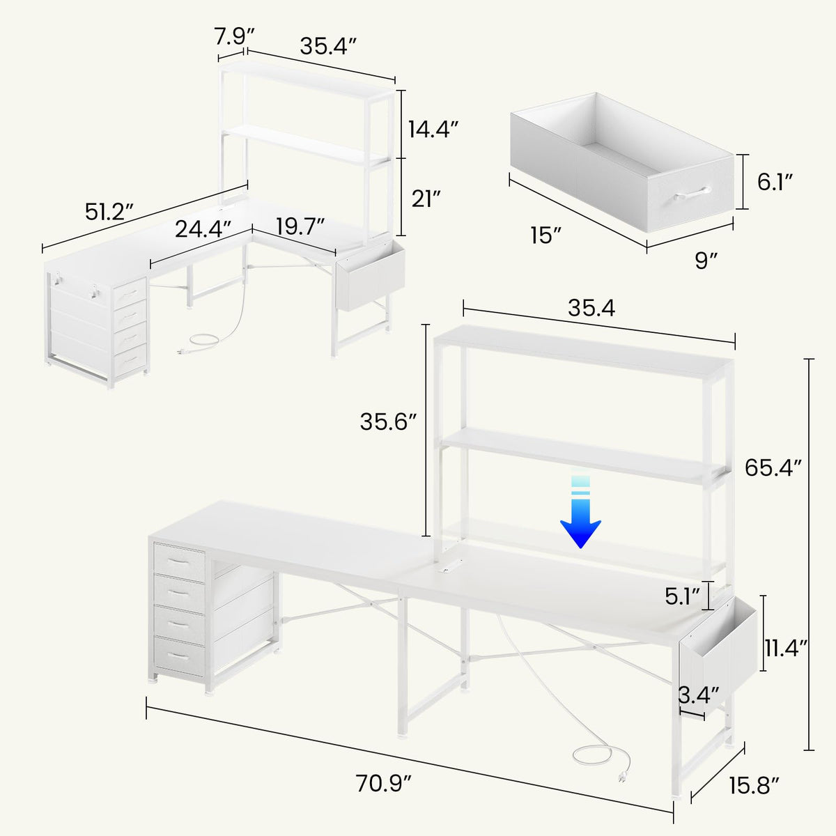 L Shaped Corner Desk with 4 Drawer, Power Outlet & LED Lights, White K879258