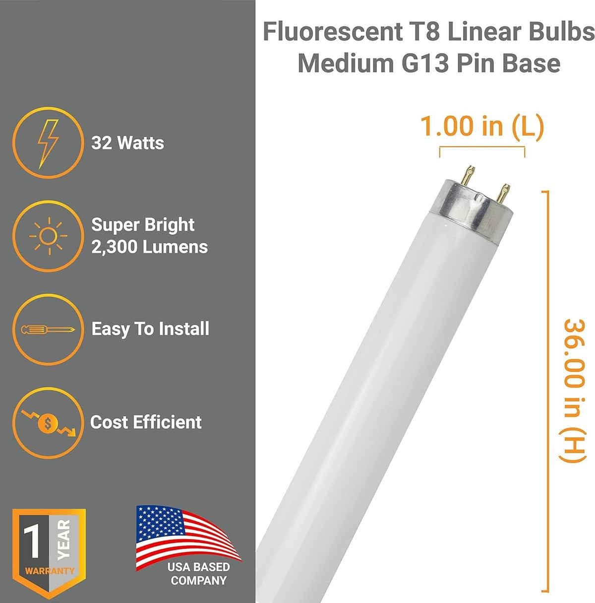 25W 2300 Lumen 3500K Neutral White T8 Fluorescent Tube Light Bulb Pack of 30 H79437