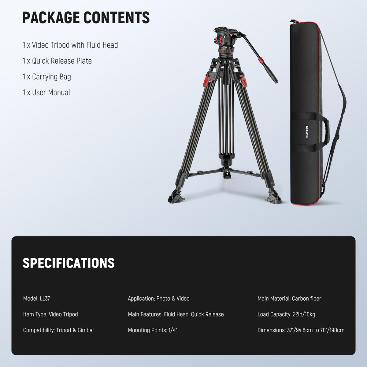Carbon Fiber Video Camera Tripod with Fluid Head I346