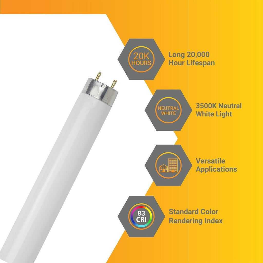 25W 2300 Lumen 3500K Neutral White T8 Fluorescent Tube Light Bulb Pack of 30 H79437