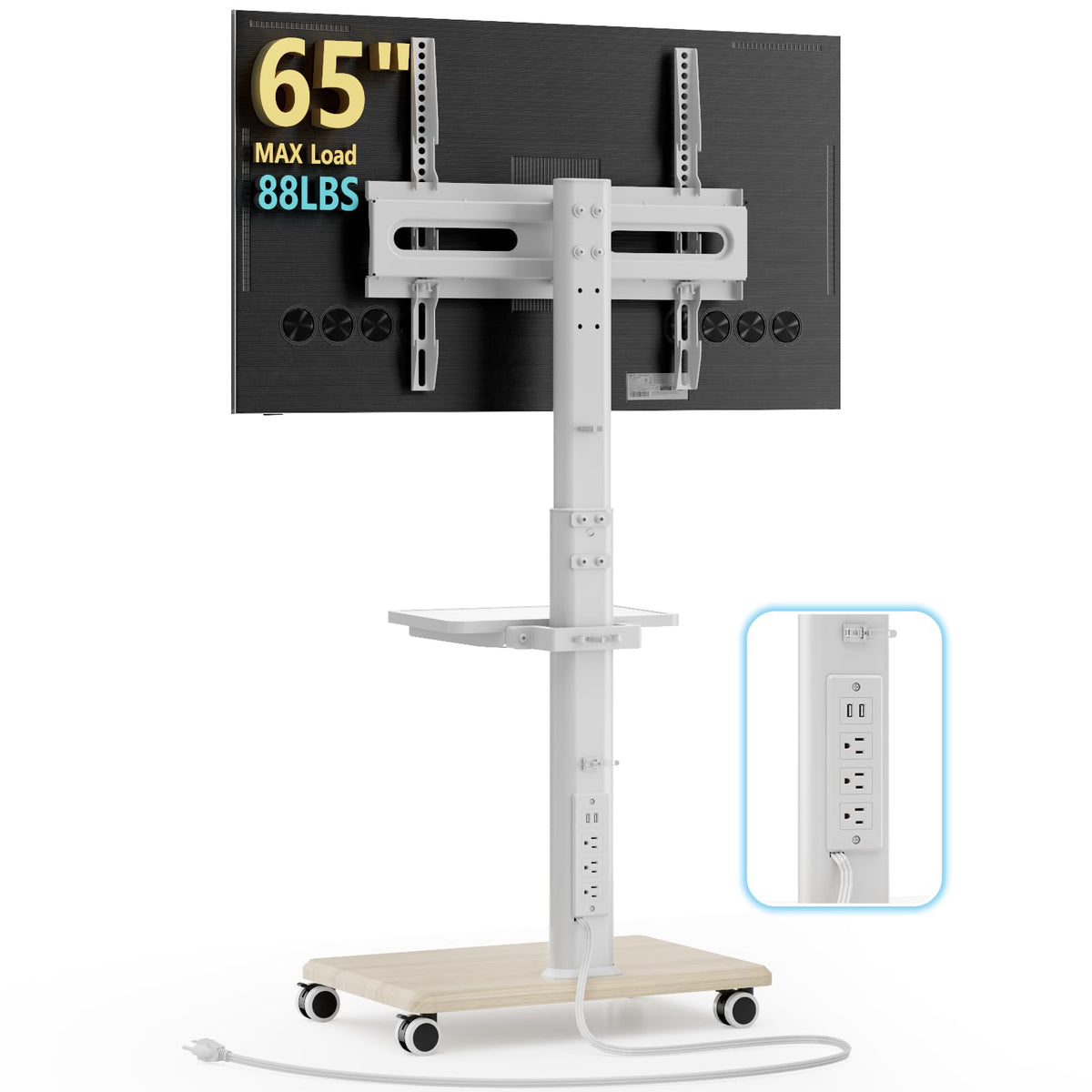 Mobile TV Stand with Power Outlets & Shelf, 27-65 Inch Swivel Height Adjustable White A3682