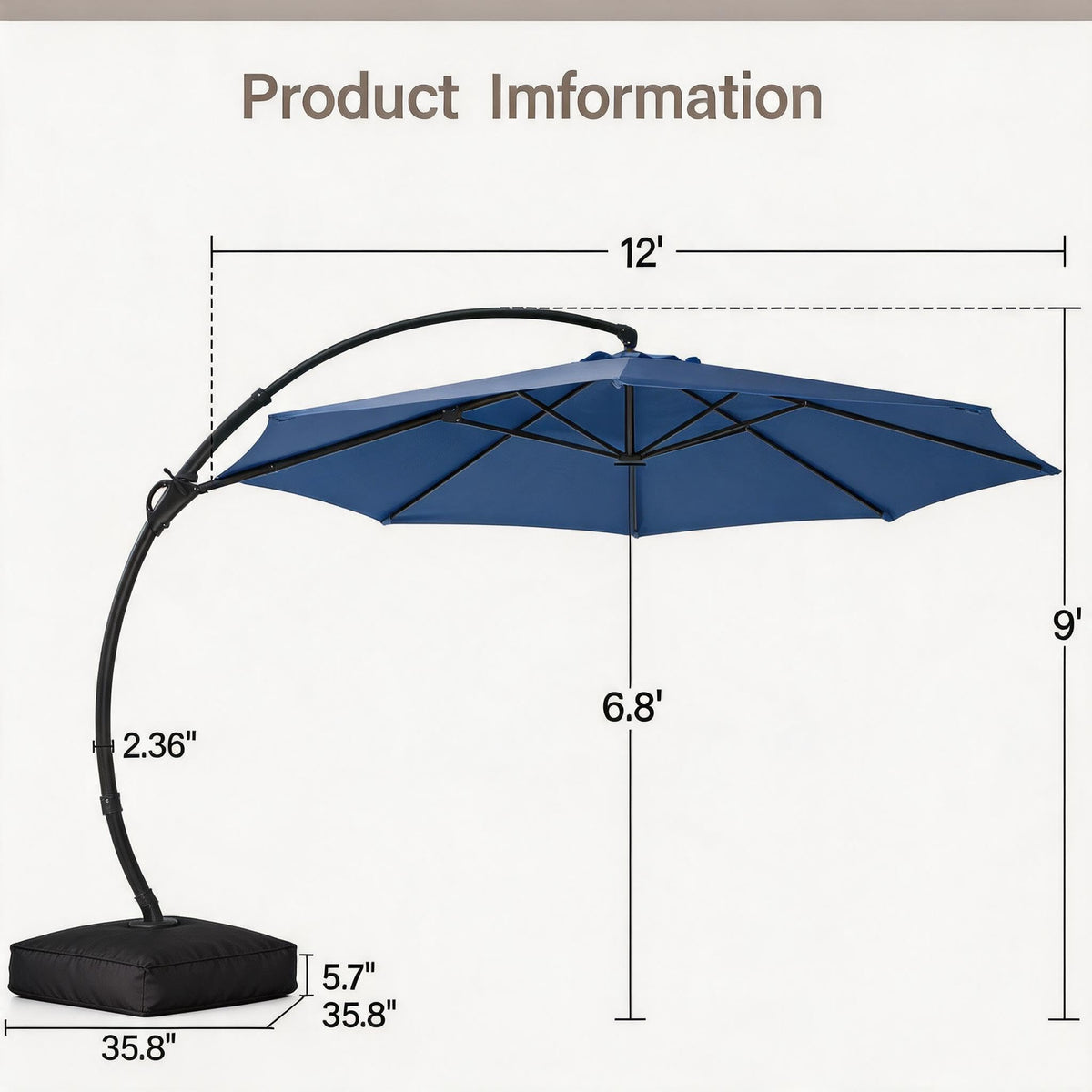 12FT Curvy Cantilever Patio Umbrella with Base K8164