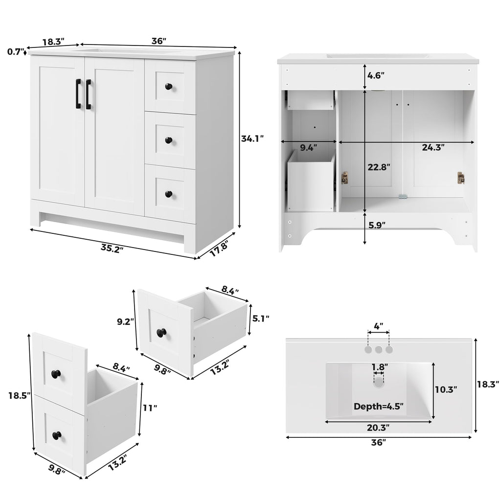 36" White Bathroom Vanity with Sink, 2 Soft-Close Drawers & Doors X720100