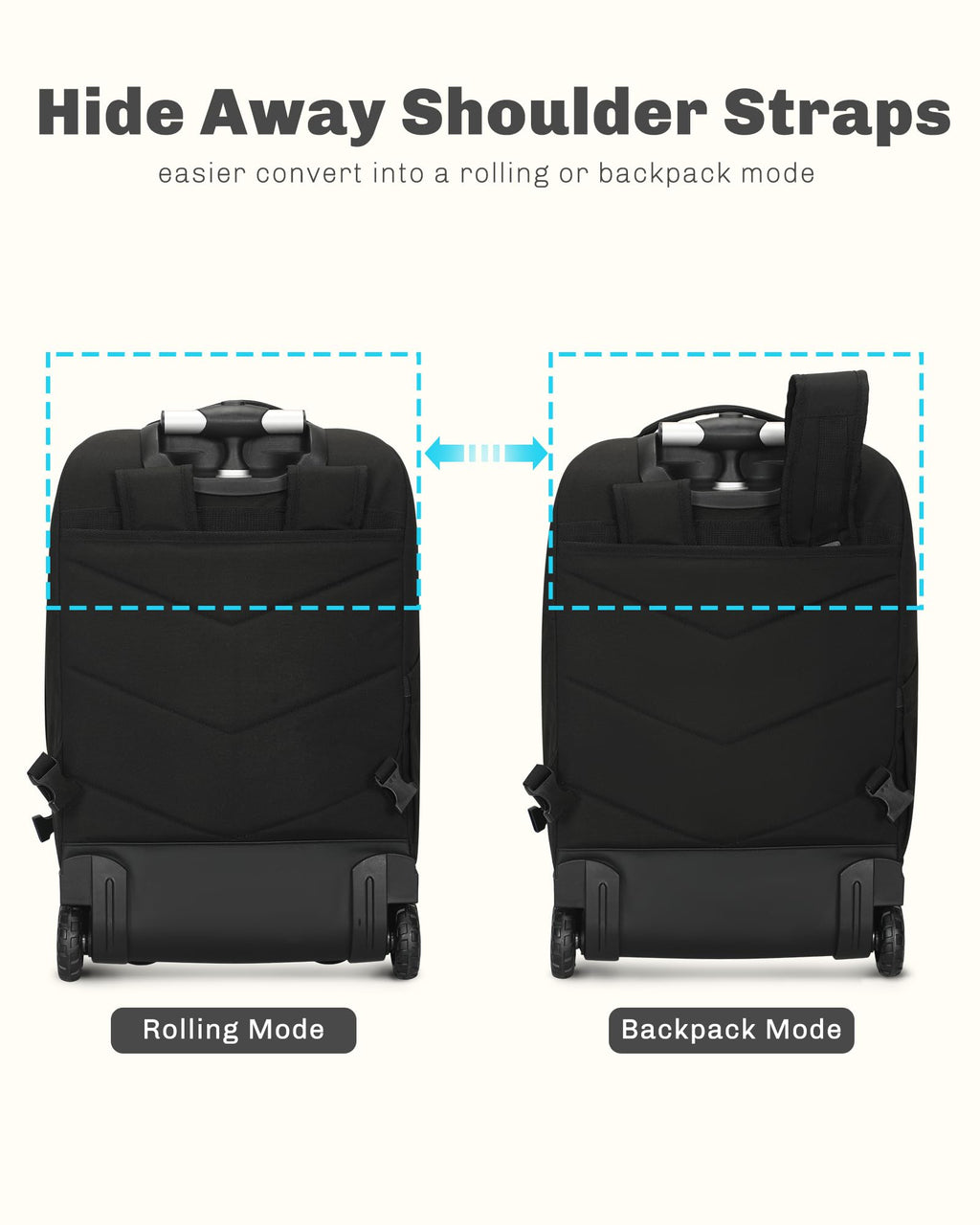 Rolling Backpack with Wheels 43L 17 inches Laptop Jet Black 6PC Packing Cubes B6179