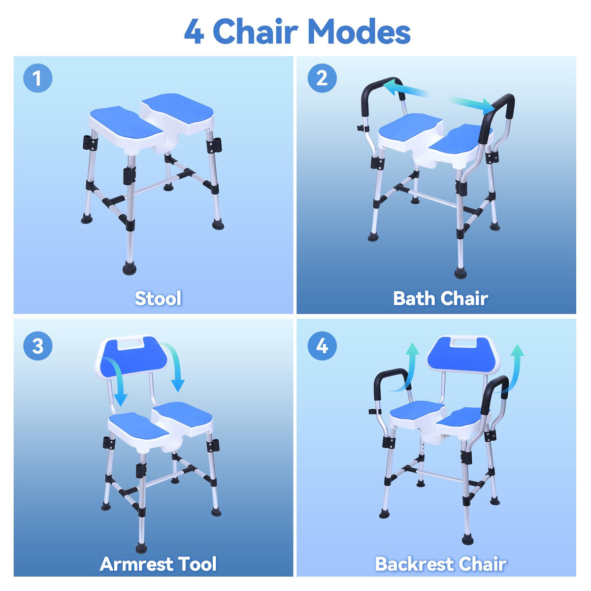 U-Shaped Shower Chair, 400 lbs Capacity, Adjustable Height, Blue I955