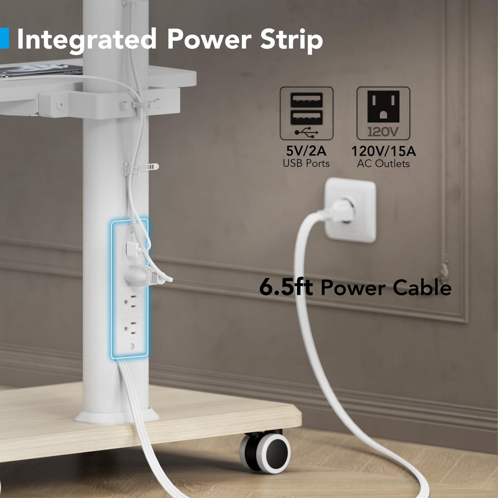 Mobile TV Stand with Power Outlets & Shelf, 27-65 Inch Swivel Height Adjustable White A3682