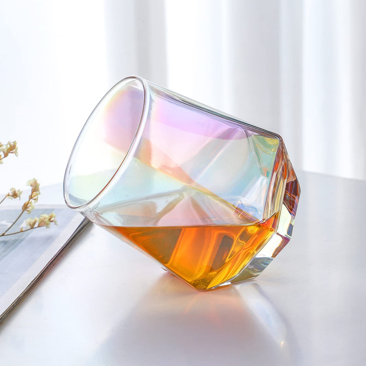 Stemless Wine Glasses Set of 6, 10 Oz Iridescent Diamond Shaped Glassware Q405594