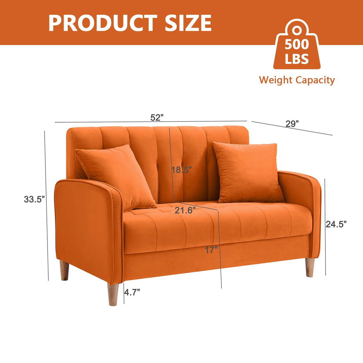 52" Orange Velvet 2 Seater Sofa with 2 Pillows H783391
