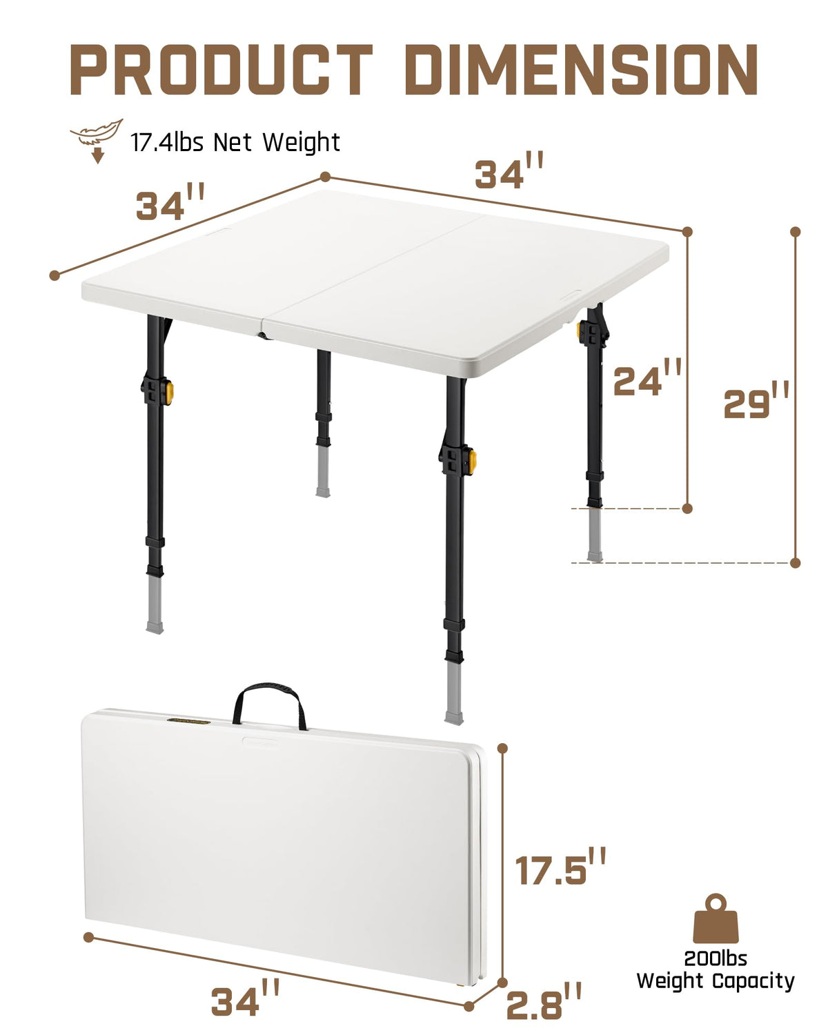 Folding Card Table 2 Heights 34" Square Plastic R591515