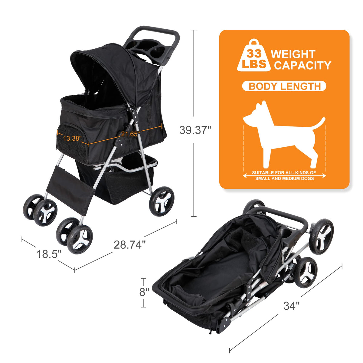 4 Wheels Foldable Pet Stroller with Storage Basket and Cup Holder M24985