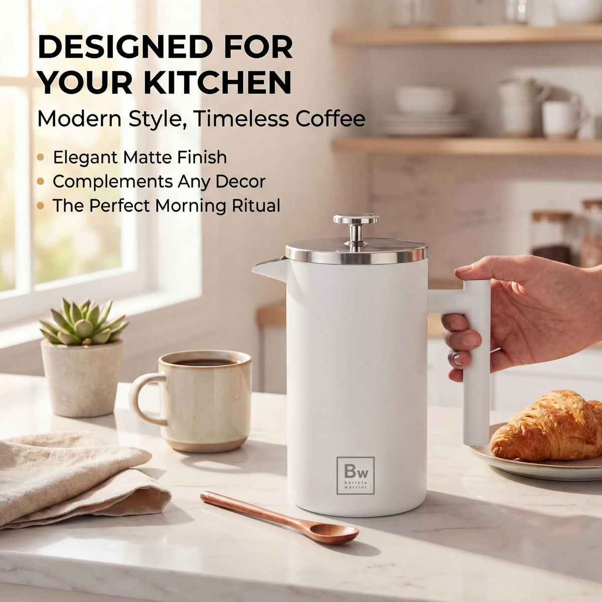 White Double-Wall Stainless Steel Insulated French Press with Thermometer P175