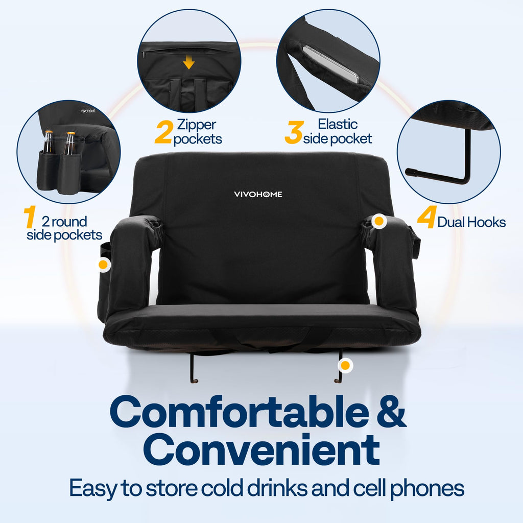 2 Pack Portable Padded Stadium Seats with Back Support and Cup Holder L480