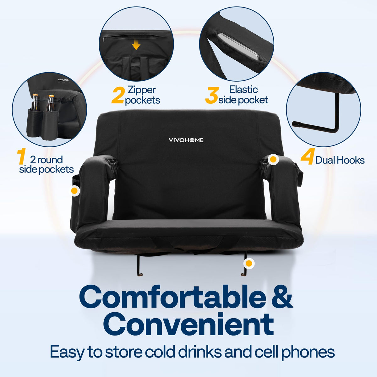 2 Pack Portable Padded Stadium Seats with Back Support and Cup Holder L480