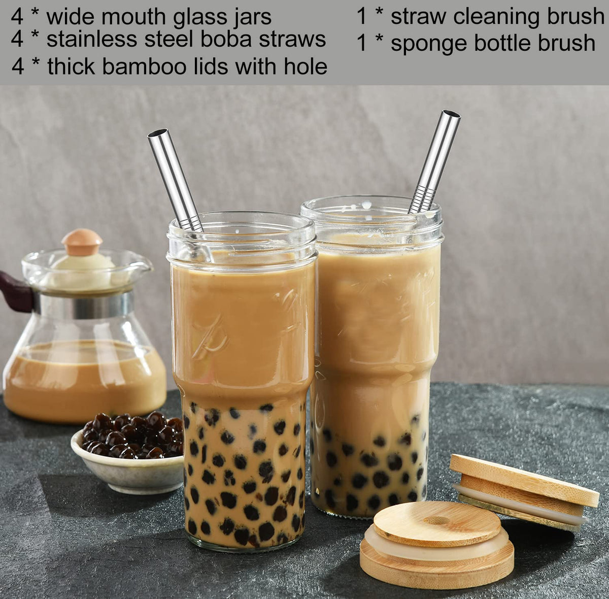4-Pack 24 OZ Glass Cups with Bamboo Lids and Straws S2701