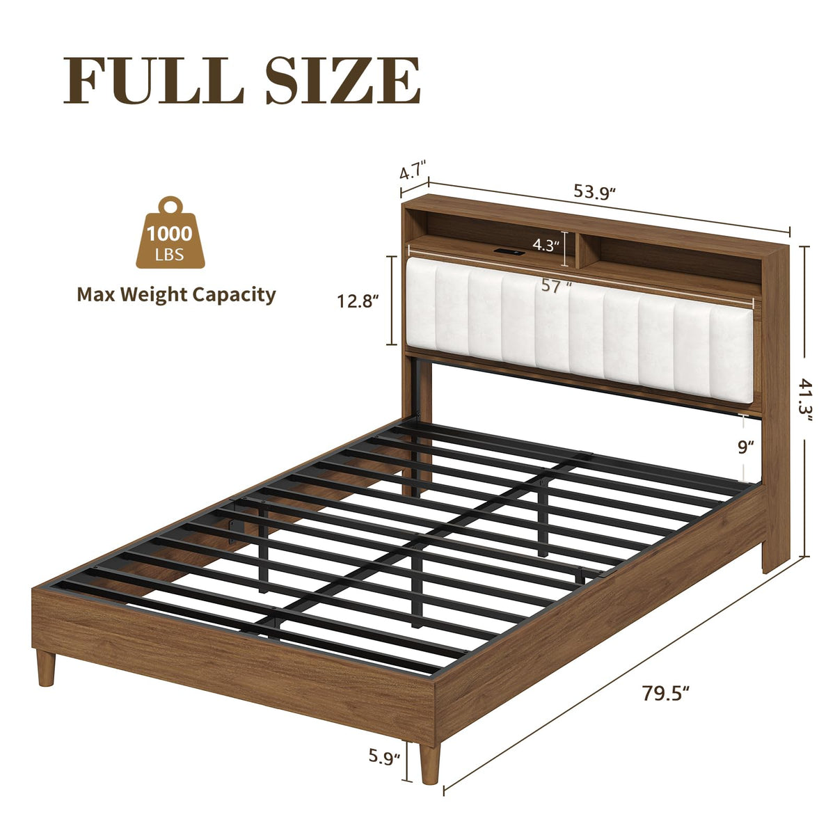 Wood Full Size Bed Frame with Charging Station & LED Lights Q9762