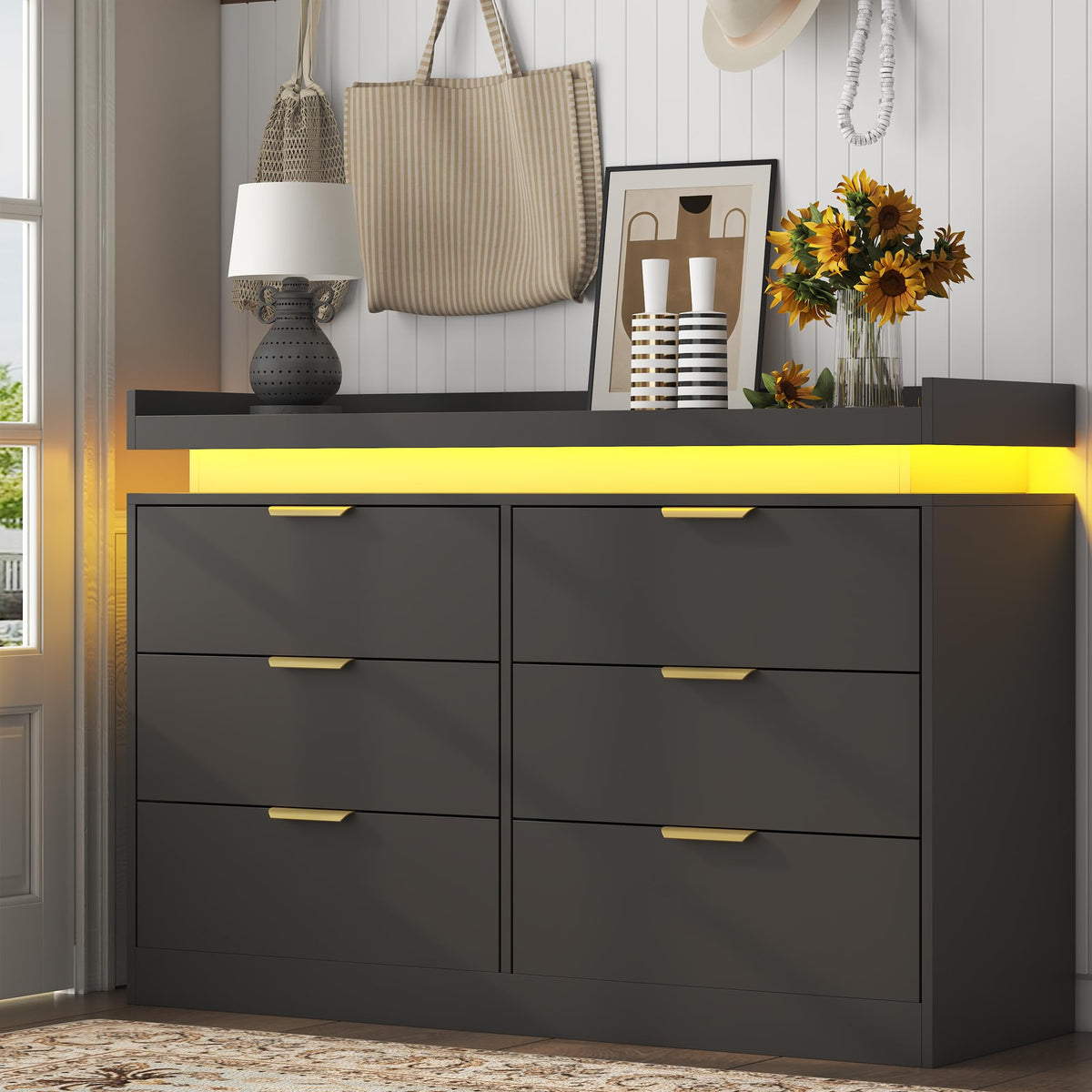 Black 6 Drawer Wood Dresser with LED Lights and Power Outlet L142
