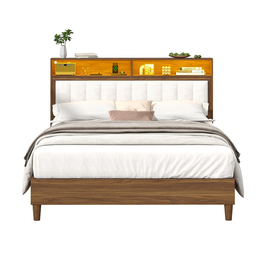Wood Full Size Bed Frame with Charging Station & LED Lights Q9762