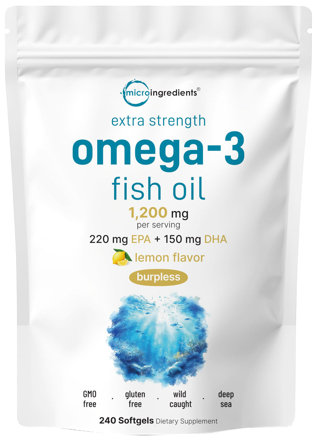 Omega 3 Fish Oil 1,200mg 240 Softgels Lemon Flavored Burpless EPA DHA F759