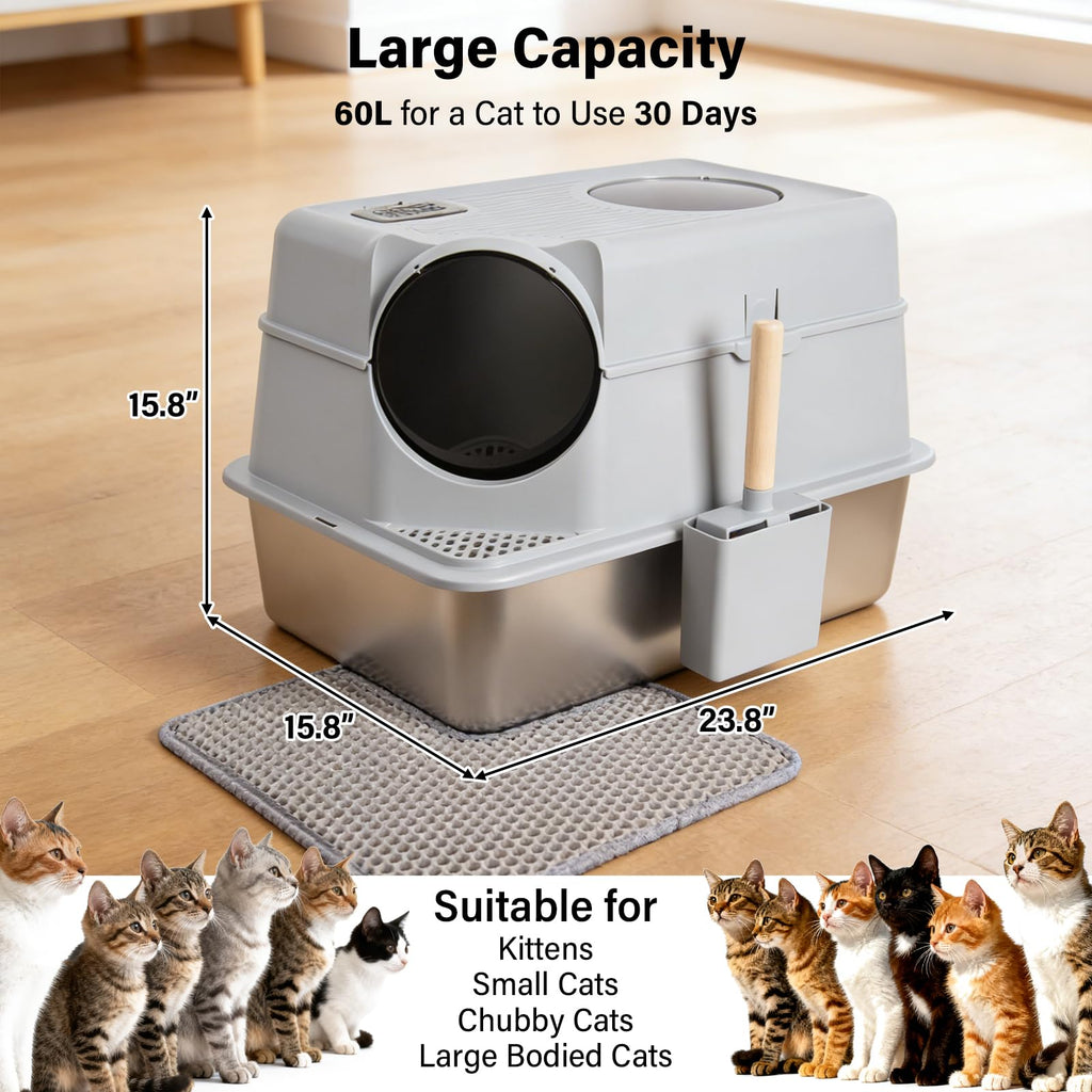 XL Stainless Steel Enclosed Cat Litter Box with Lid O78630