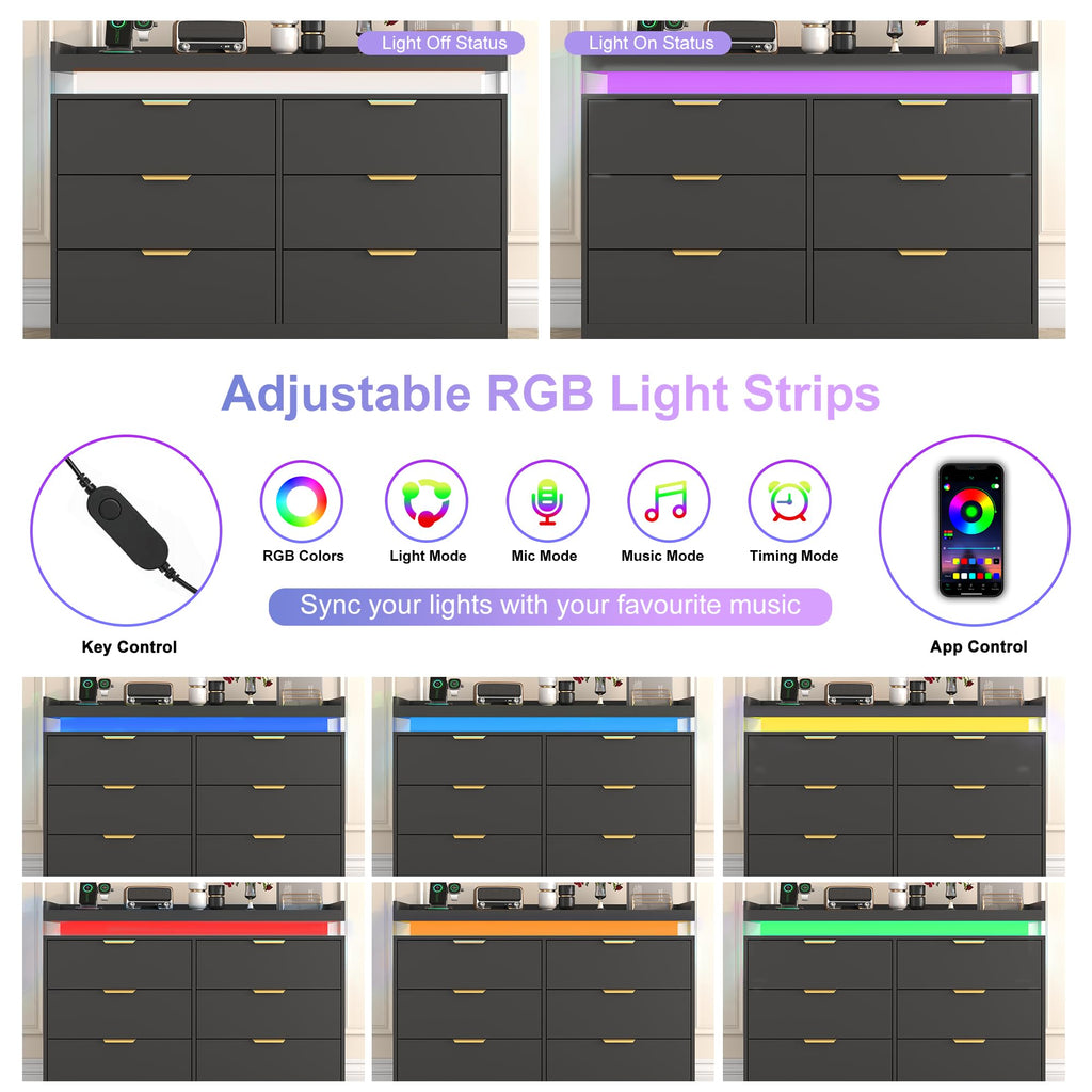 Black 6 Drawer Wood Dresser with LED Lights and Power Outlet L142