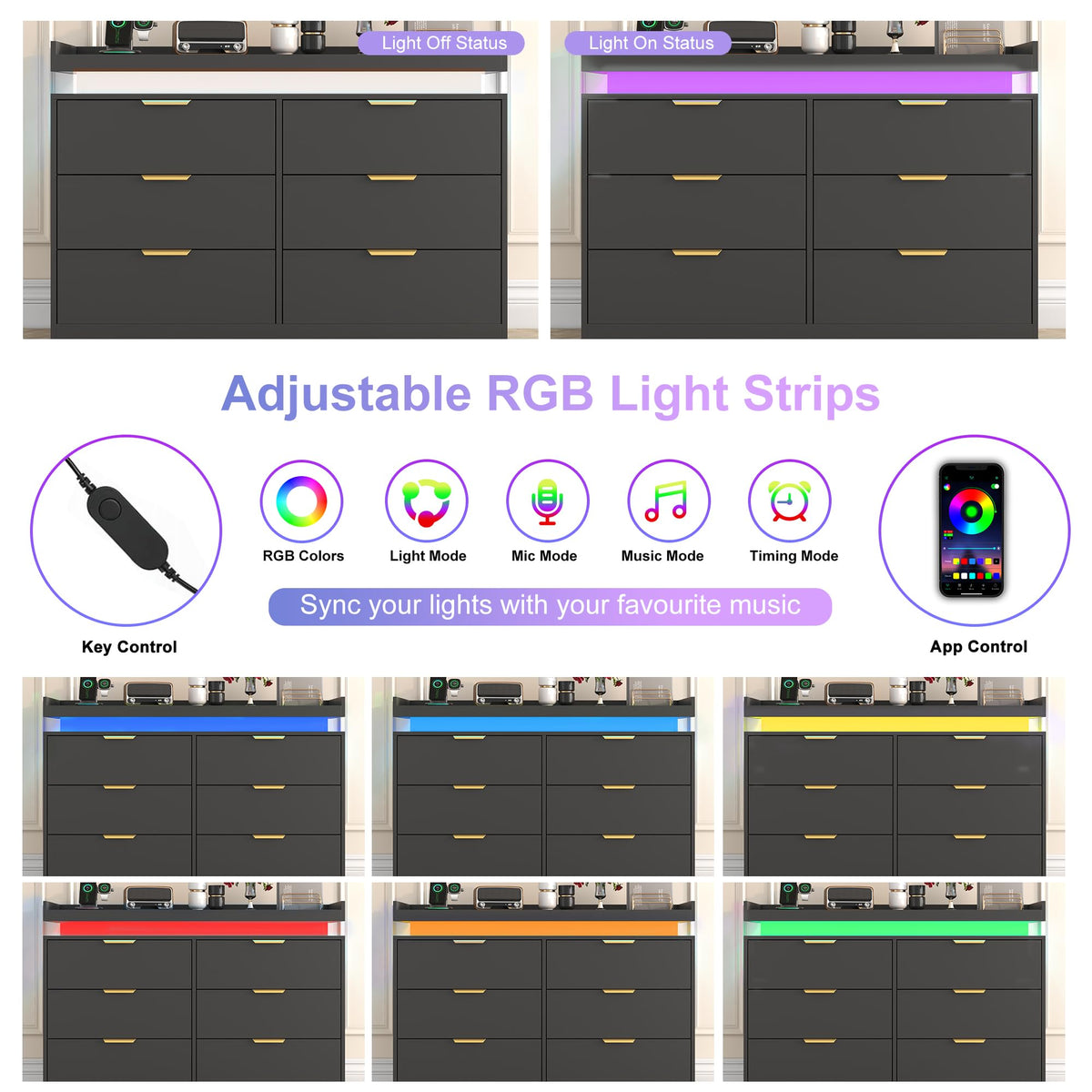 Black 6 Drawer Wood Dresser with LED Lights and Power Outlet L142