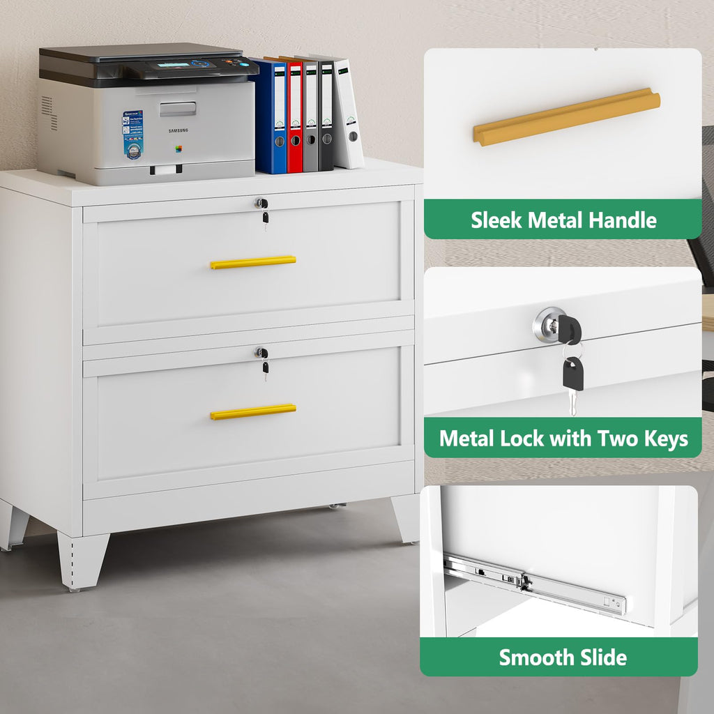 White 2 Drawer Metal Lateral File Cabinet with Lock E81081