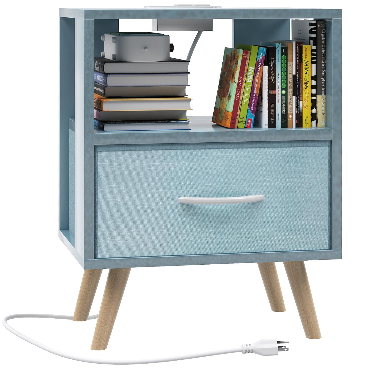Blue Nightstand with Charging Station, 2-Tier Wooden Bedside Table V79515