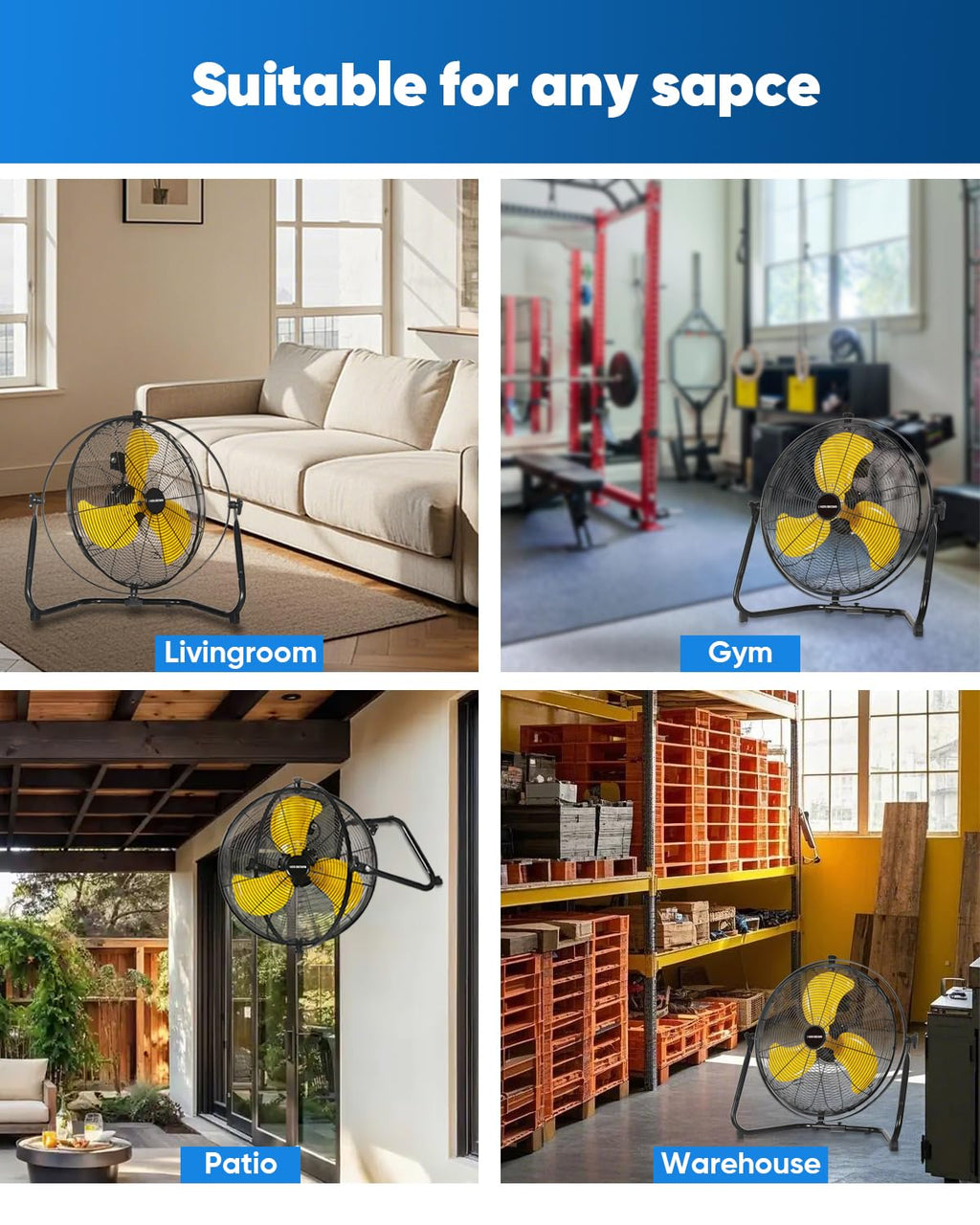 20 Inch Heavy Duty Industrial Metal Floor Fan with Dual 720° Rotation, 3 Speeds A2343