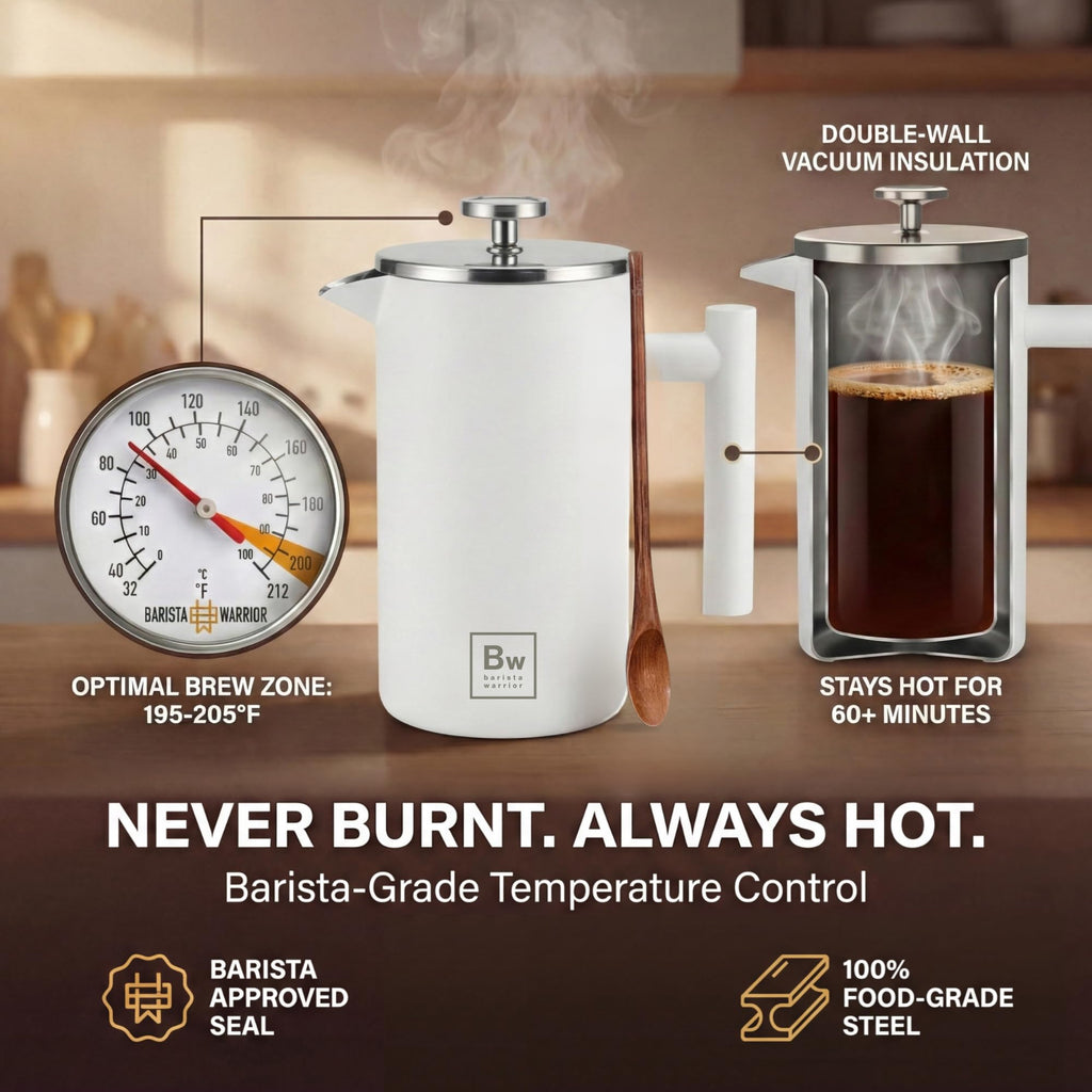 White Double-Wall Stainless Steel Insulated French Press with Thermometer P175