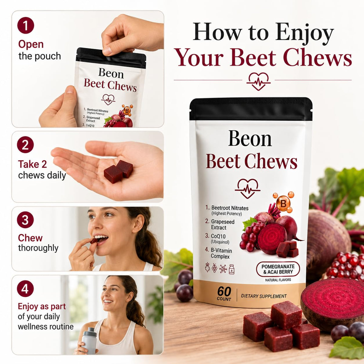 Beetroot Chews Gummies with Grape Seed & L-CoQ10, 60 Chew B510