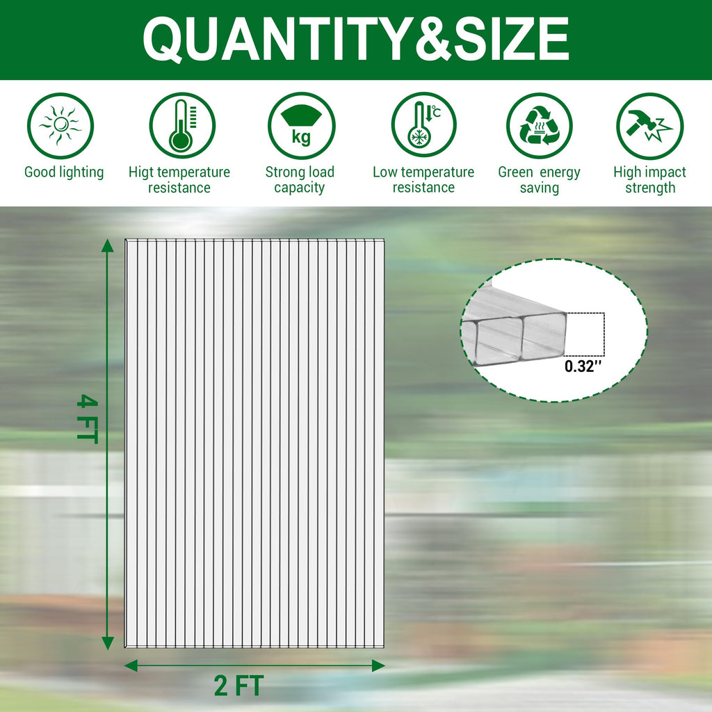 12 PCS Polycarbonate Greenhouse Panels 4' x 2' x 0.32'' T9736