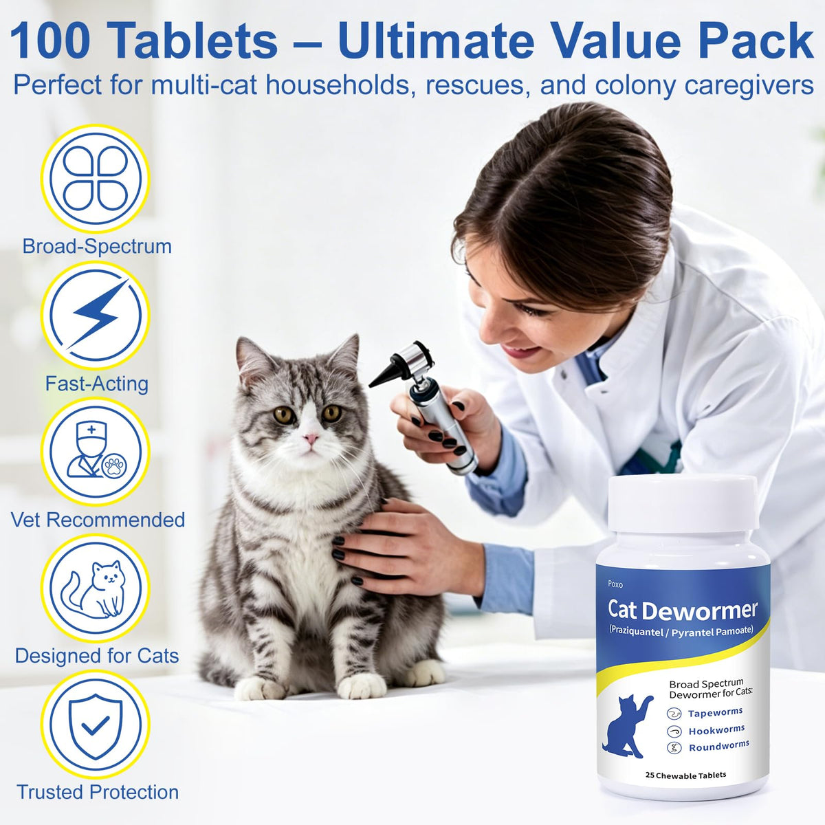 Broad Spectrum Dewormer Tablets for Cats and Kittens, 100 Tablets U36011