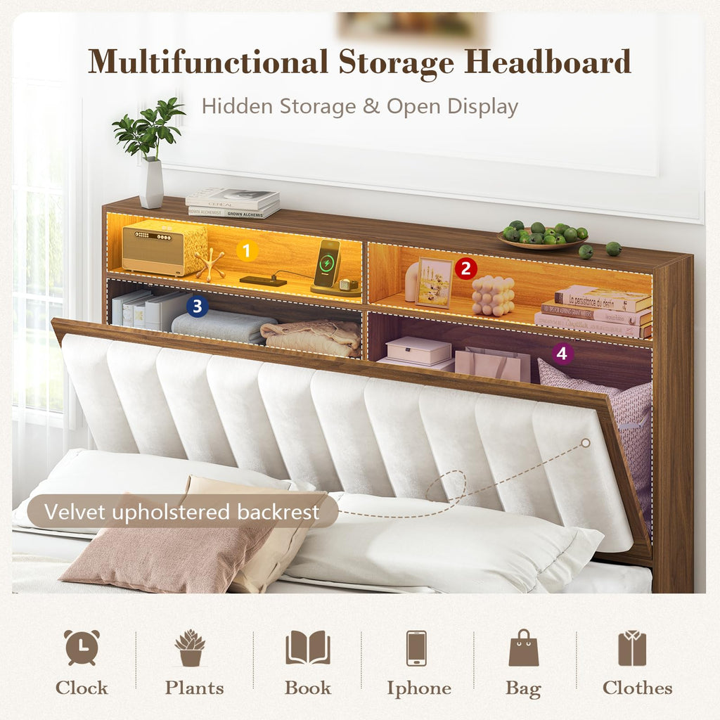 Wood Full Size Bed Frame with Charging Station & LED Lights Q9762