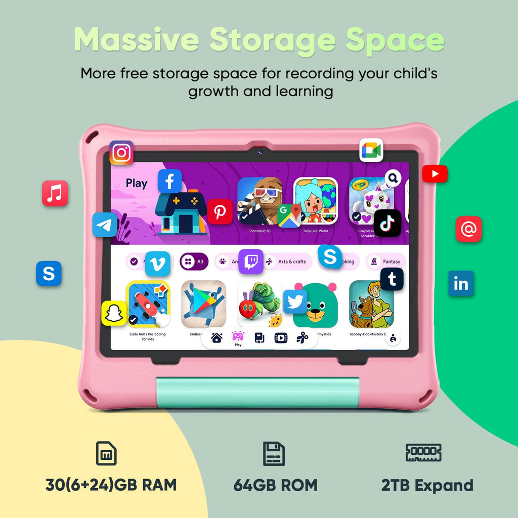 Kids Tablet 10 inch Octa-Core 30GB RAM 64GB ROM with Case Keyboard Mouse Stylus Pink E7008