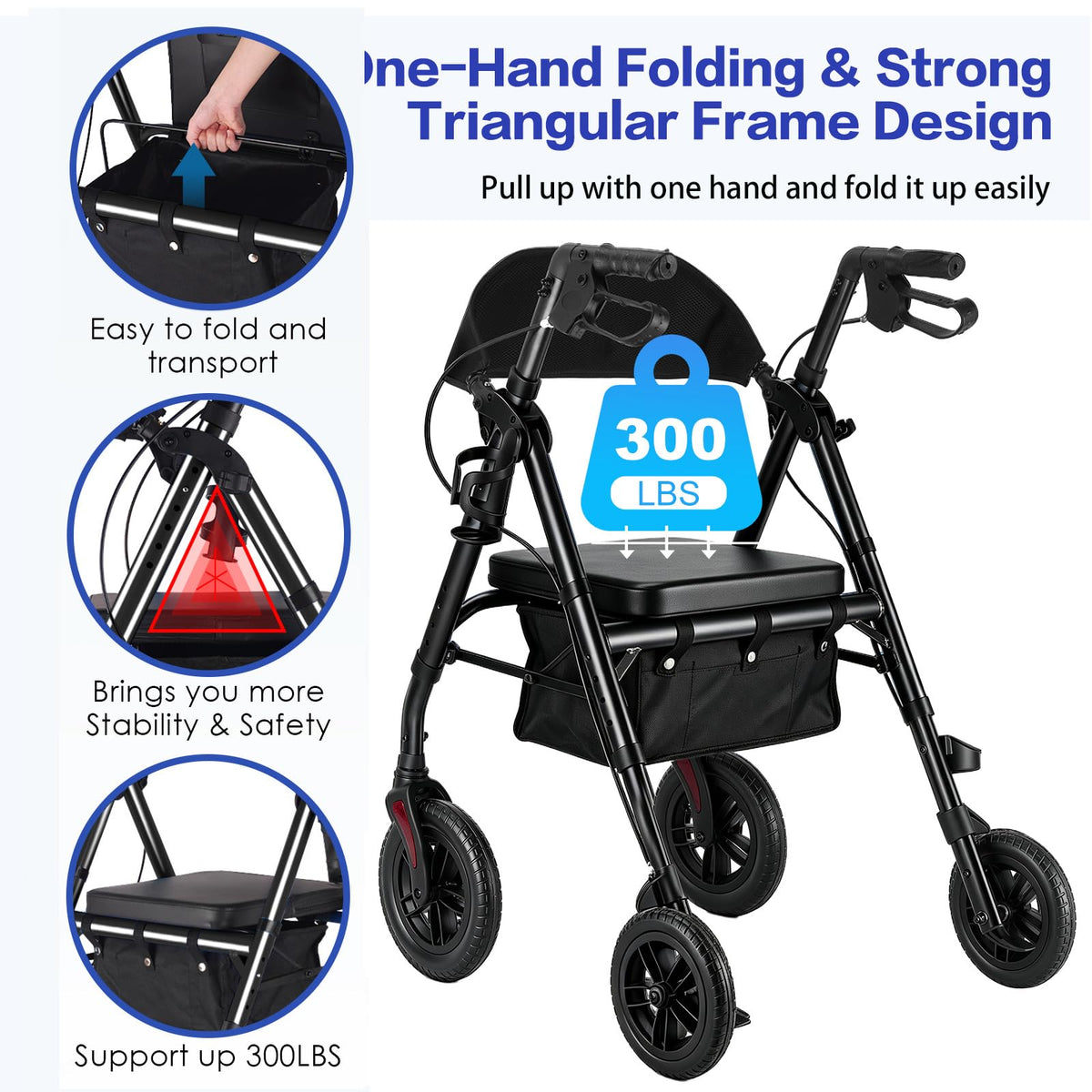 Lightweight Folding Rollator Walker with Seat, 10" All-Terrain Wheels, Black B972418