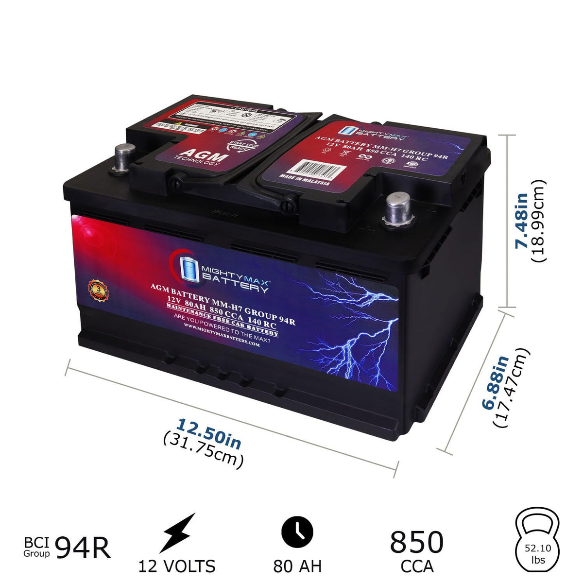 12V 80AH 850 CCA Replacement Battery V748102
