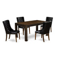 5 Piece Rustic Wood Dining Table Set with 4 Black Faux Leather Chairs W99654