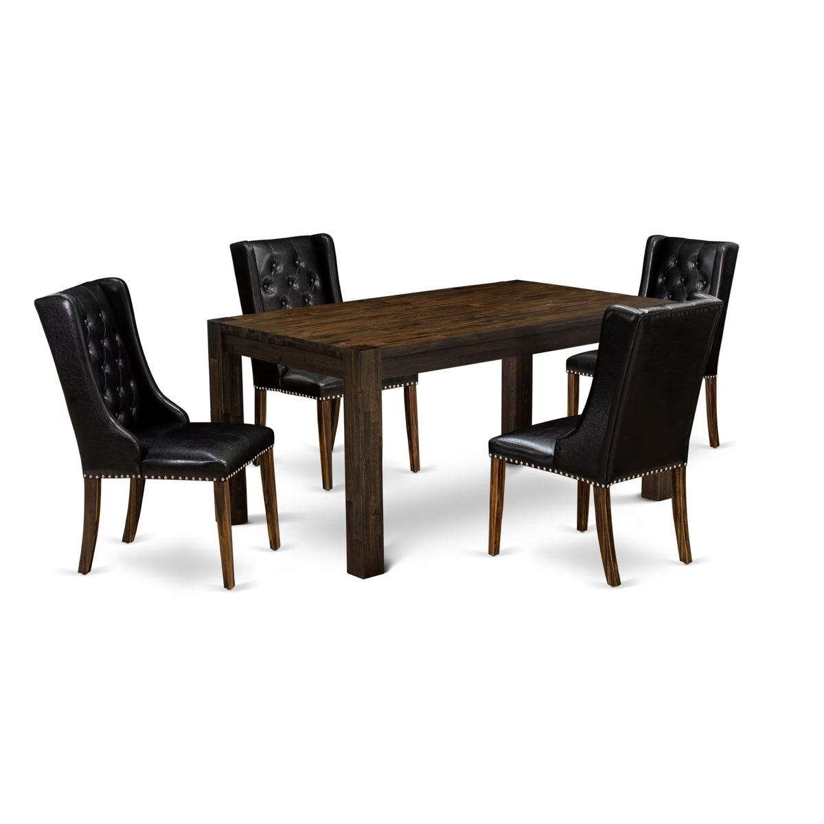 5 Piece Rustic Wood Dining Table Set with 4 Black Faux Leather Chairs W99654