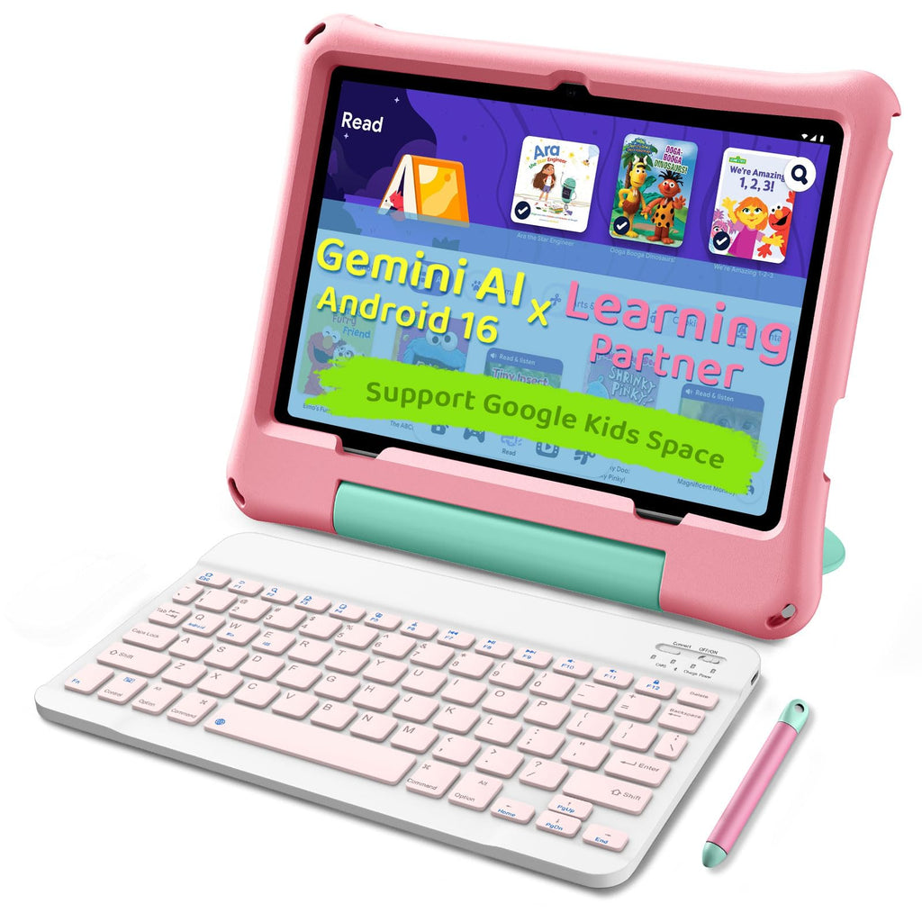 Kids Tablet 10 inch Octa-Core 30GB RAM 64GB ROM with Case Keyboard Mouse Stylus Pink E7008