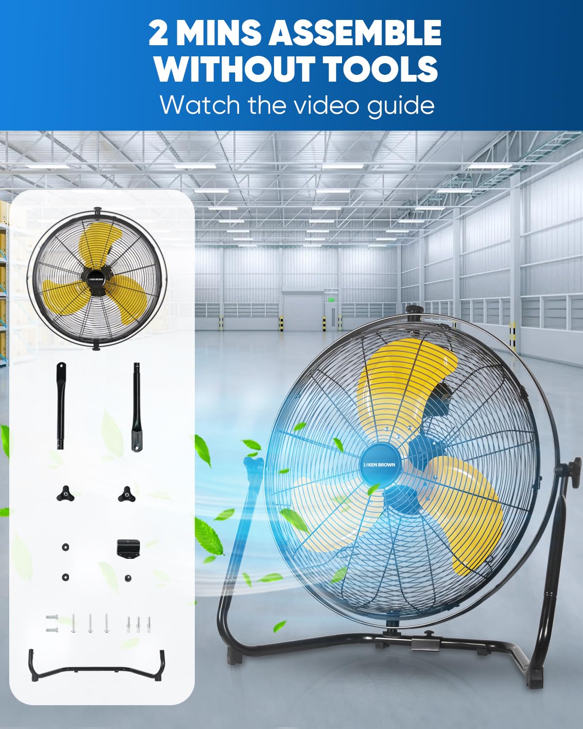 20 Inch Heavy Duty Industrial Metal Floor Fan with Dual 720° Rotation, 3 Speeds A2343