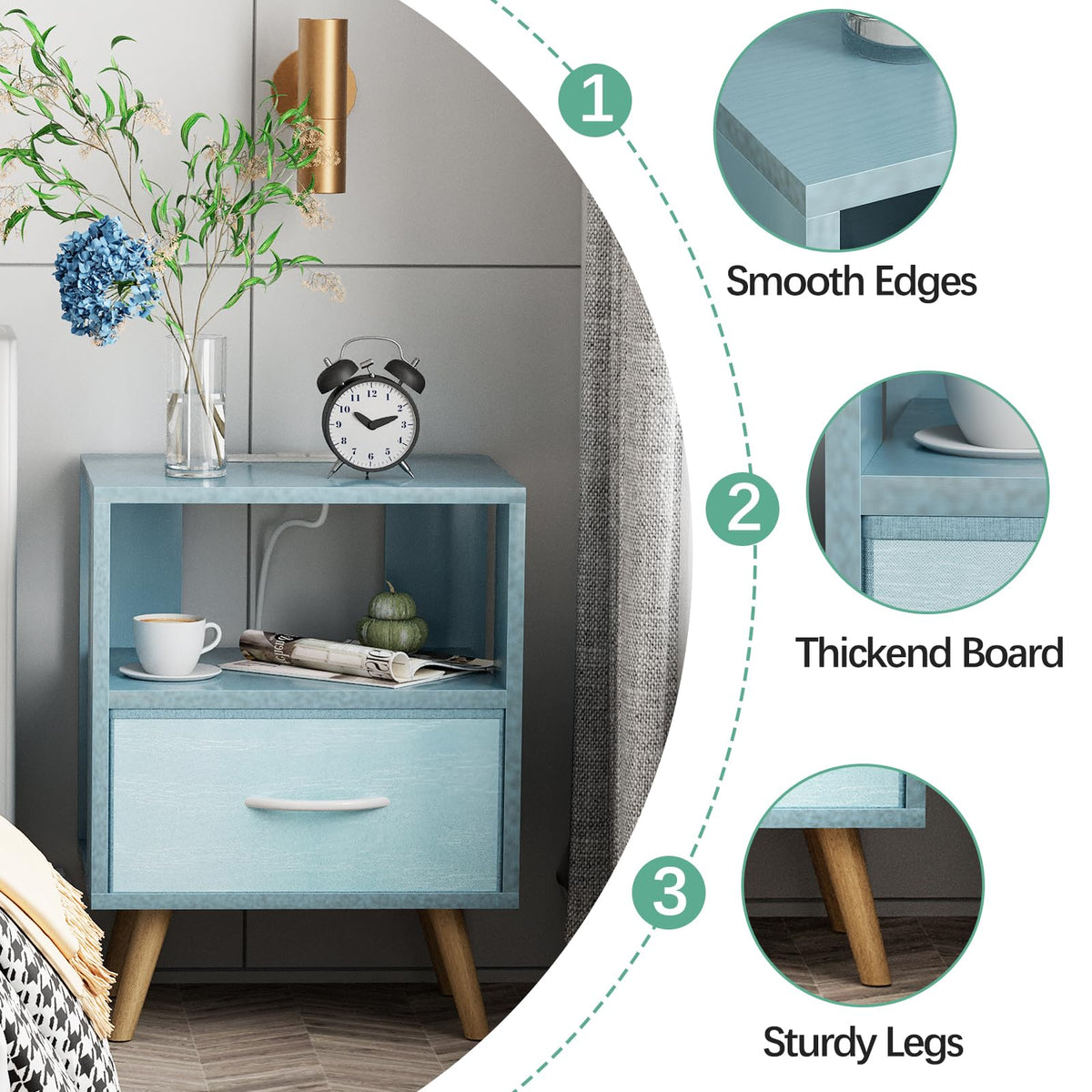 Blue Nightstand with Charging Station, 2-Tier Wooden Bedside Table V79515