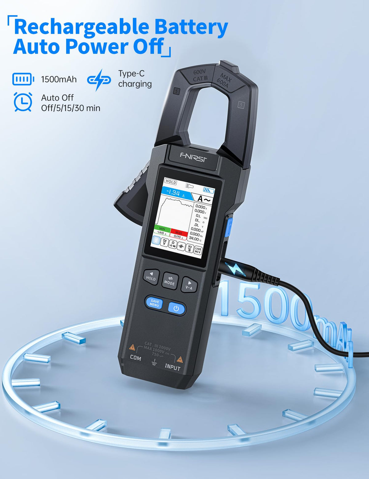 Clamp Meter 9999 Counts TRMS 600A AC/DC J3248