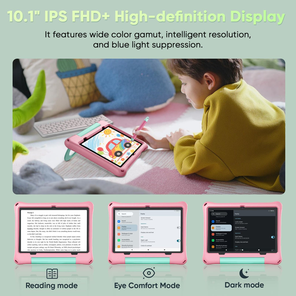 Kids Tablet 10 inch Octa-Core 30GB RAM 64GB ROM with Case Keyboard Mouse Stylus Pink E7008