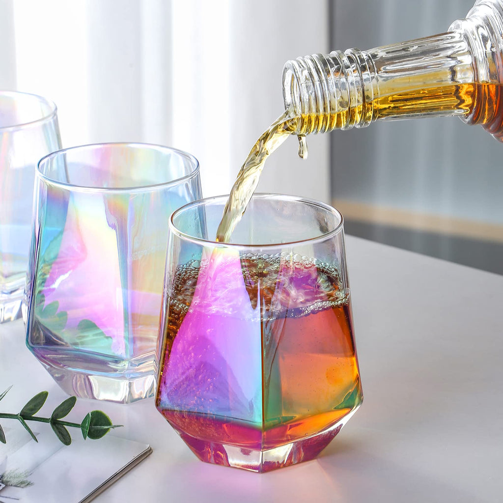 Stemless Wine Glasses Set of 6, 10 Oz Iridescent Diamond Shaped Glassware Q405594