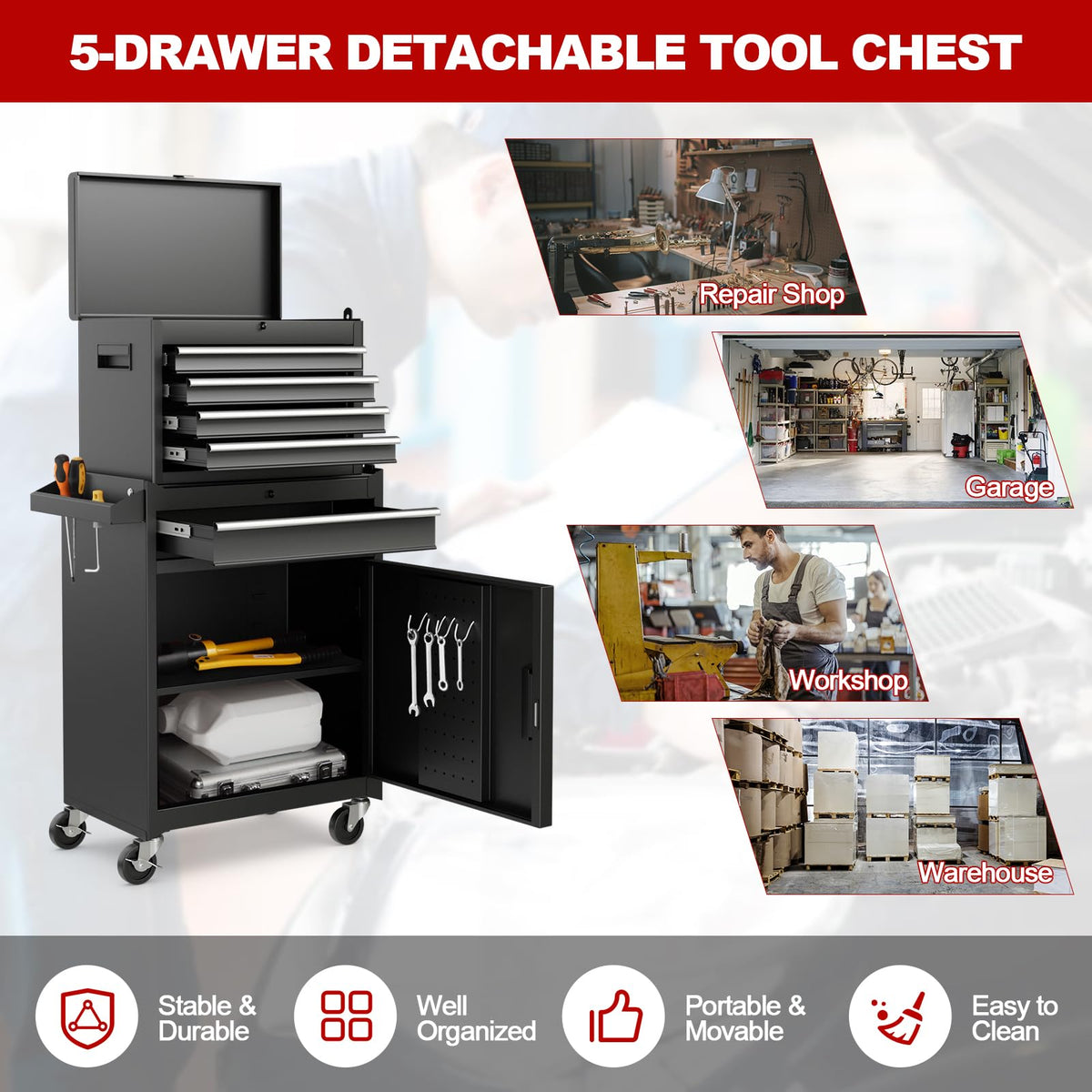 5 Drawer Rolling Metal Tool Chest with Detachable Top Toolbox A637042