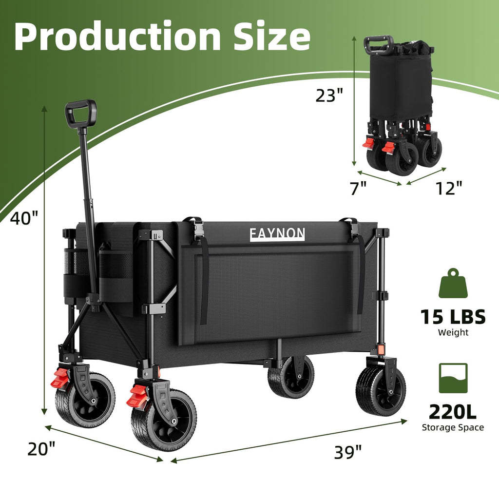 38" Collapsible Extended Wagon, 440lbs Capacity, 220L Heavy Duty Folding Cart, Black G526496