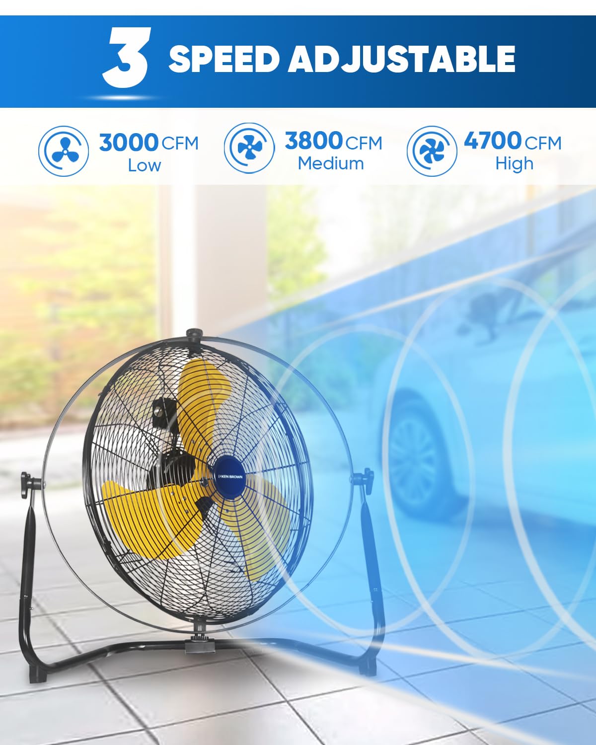 20 Inch Heavy Duty Industrial Metal Floor Fan with Dual 720° Rotation, 3 Speeds A2343
