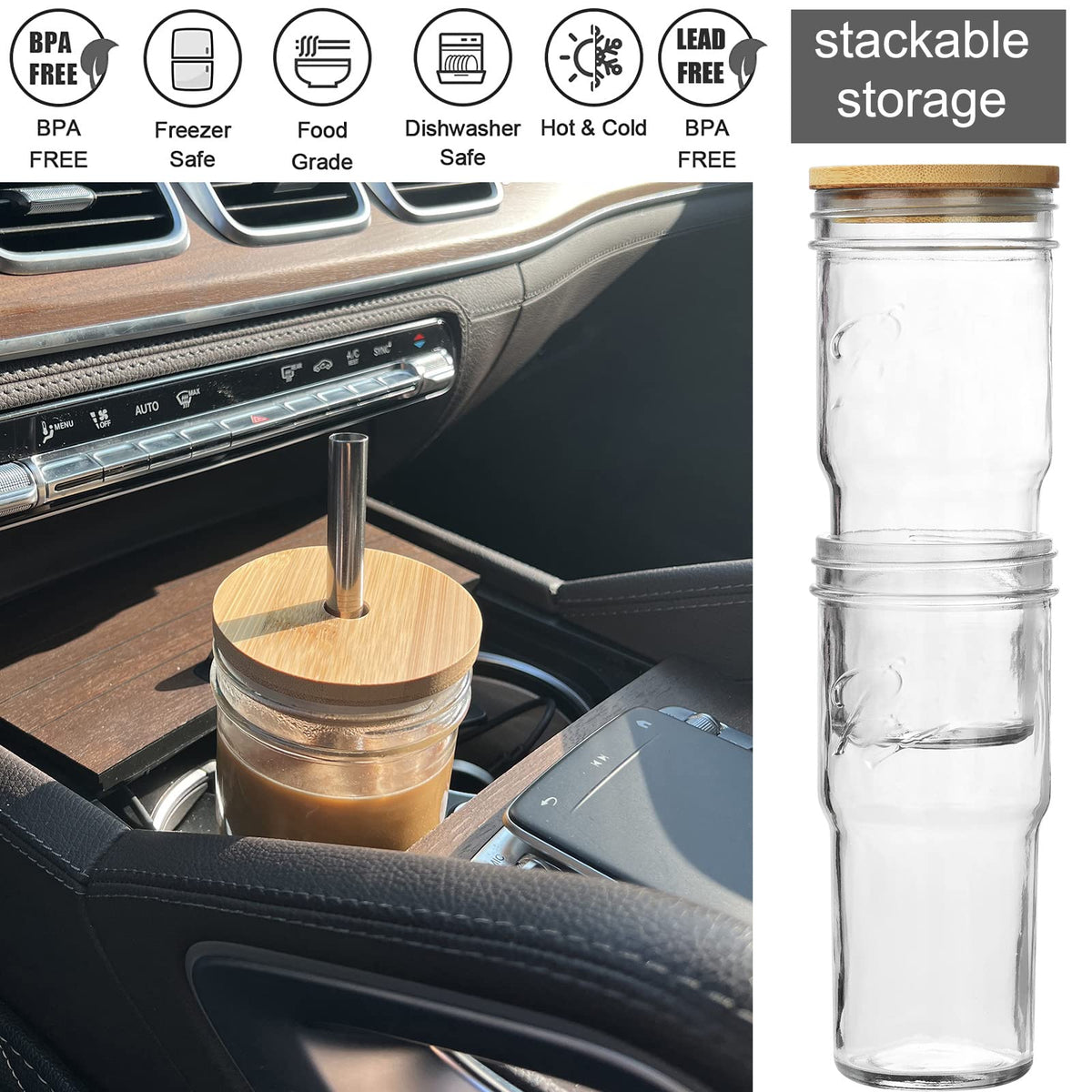 4-Pack 24 OZ Glass Cups with Bamboo Lids and Straws S2701